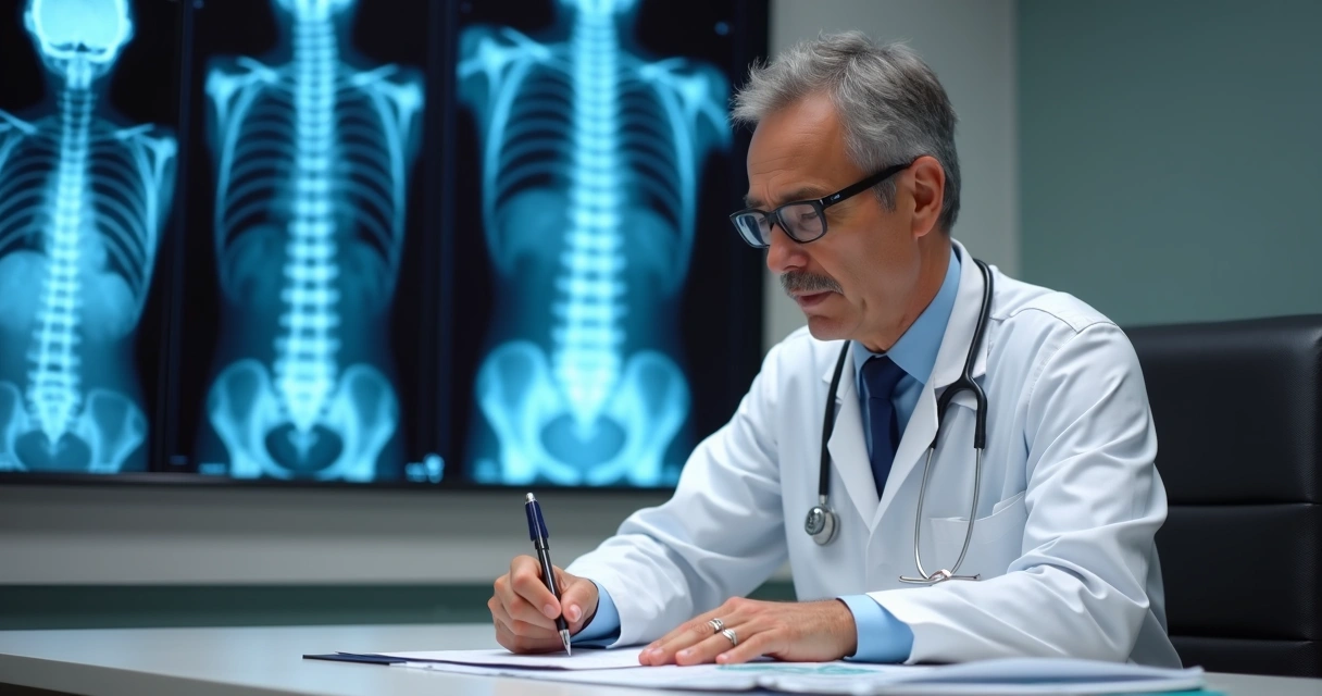 Médico preenche laudo à mesa, exames ao fundo.