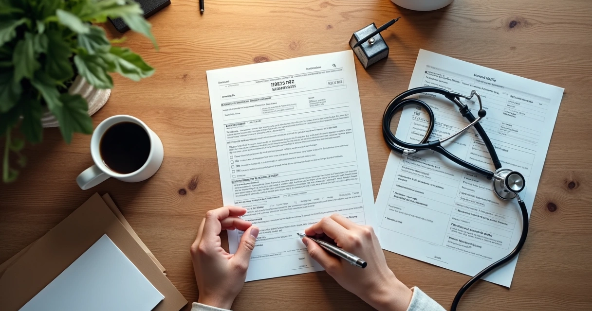 Laudo médico e papéis sobre mesa de escritório 