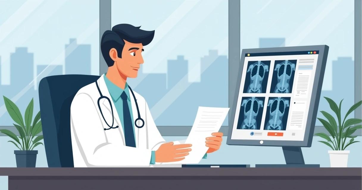 Médico examinando laudo em uma mesa de escritório 