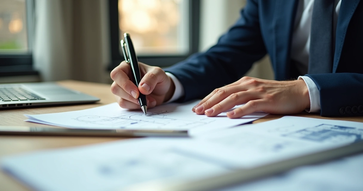 Detalhe de mãos de engenheiro escrevendo laudo técnico de perícia judicial em mesa com documentos e laptop 