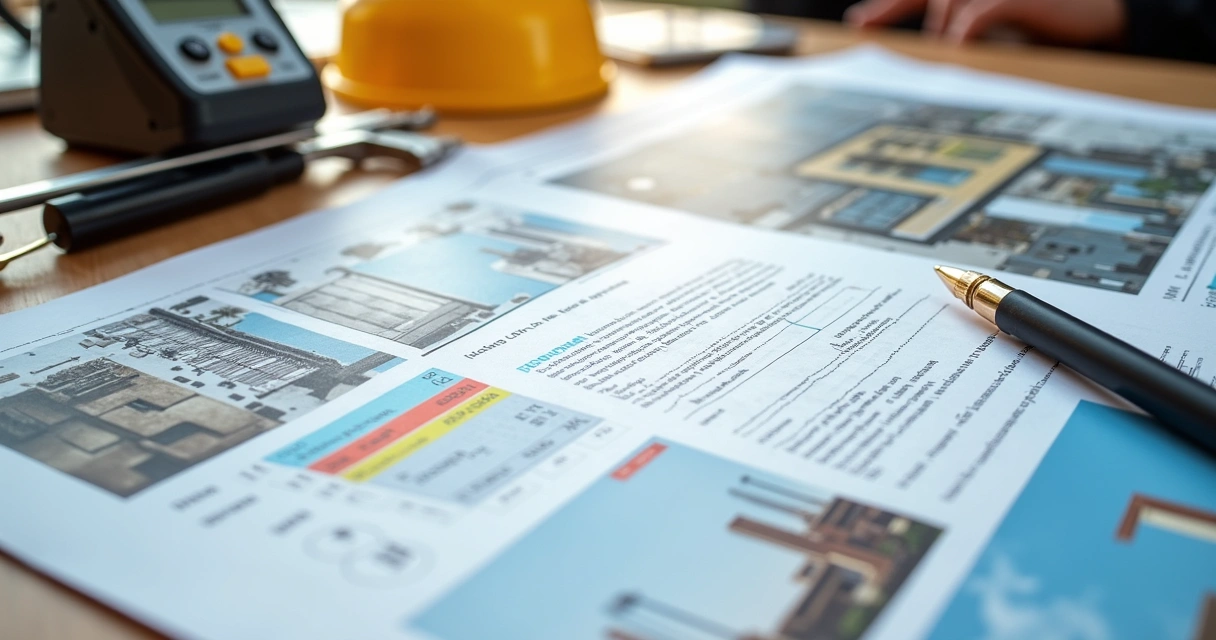 Laudo pericial de engenharia ao lado de fotografias e instrumentos de medição 