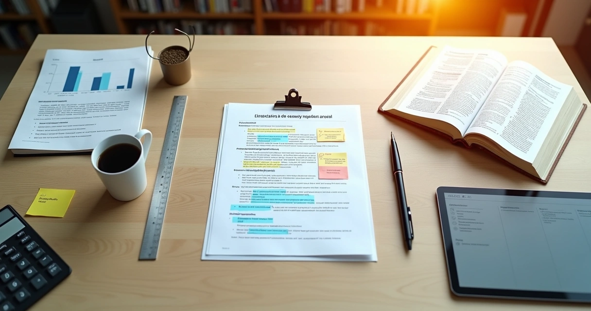 Mesa vista de cima com laudo pericial impresso destacado ao centro com marcações técnicas coloridas 