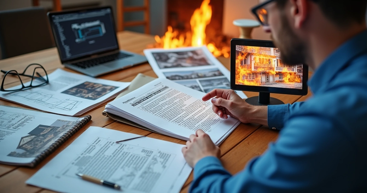 Laudo de perícia de incêndio aberto na mesa com engenheiro rodeado de documentos 