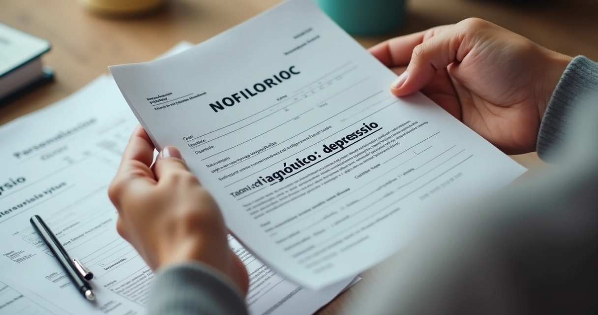 Laudo psiquiátrico em mãos exibindo diagnóstico de depressão