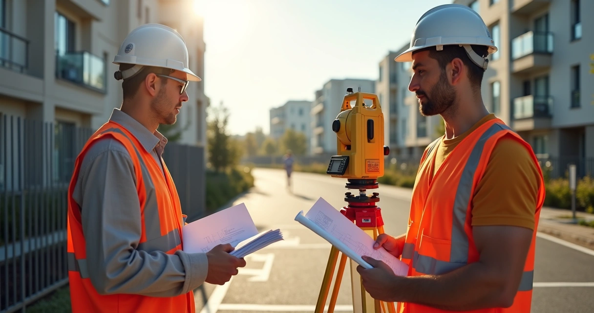 Equipe de topografia realizando medição técnica em imóvel urbano 