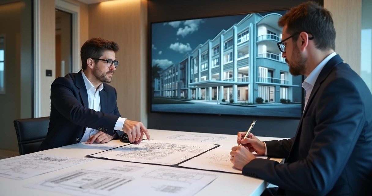 Laudo técnico sendo apresentado para síndico em sala de reunião 