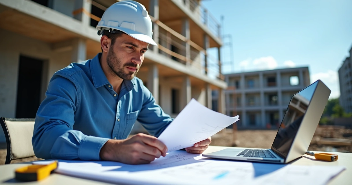 Engenheiro judicial analisando documentos técnicos durante a vistoria em canteiro de obra 