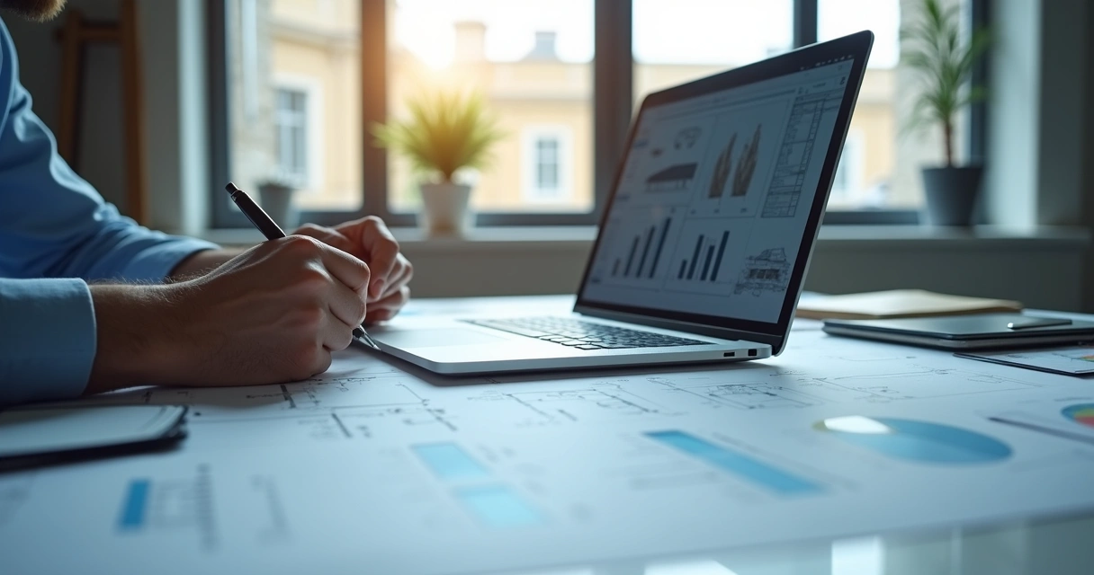 Engenheiro redigindo laudo técnico com documentos e laptop em mesa de escritório. 