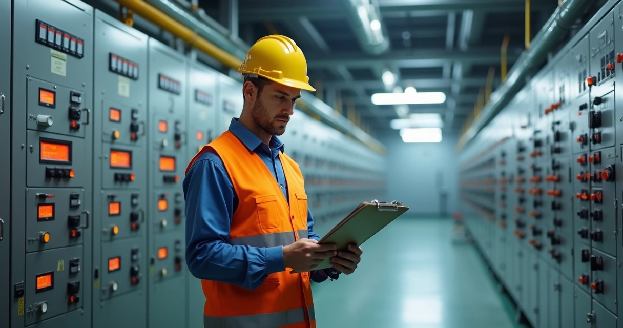 Engenheiro eletricista analisando laudo técnico de subestação 