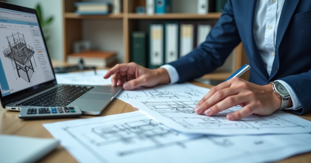 Perito analisando documentos e projetos técnicos de engenharia 
