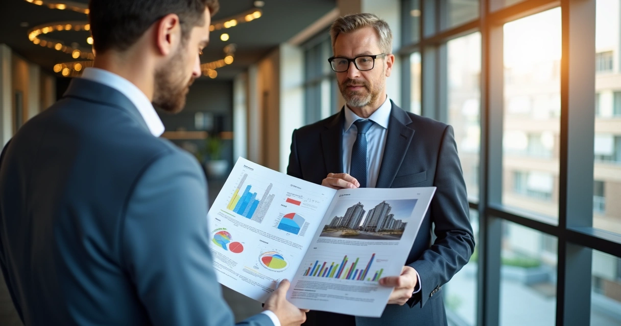 Engenheiro apresenta laudo técnico ao síndico em escritório 