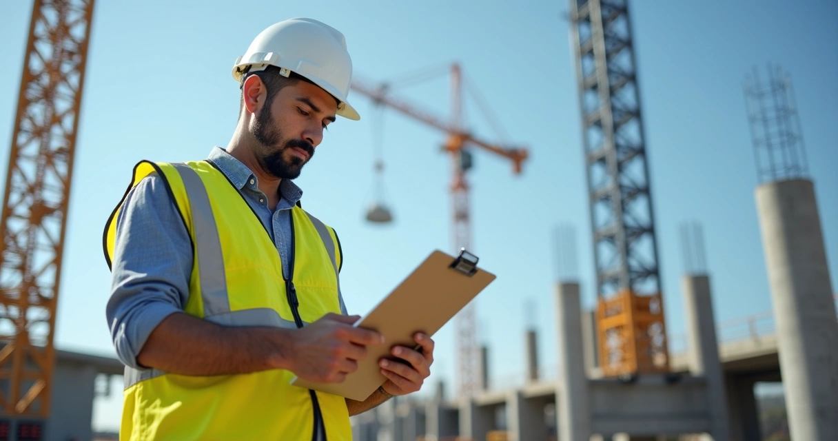 Engenheiro preenchendo laudo técnico em obra pública 