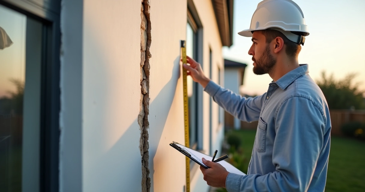 Engenheiro avaliando rachadura em parede externa de casa com trena e prancheta 