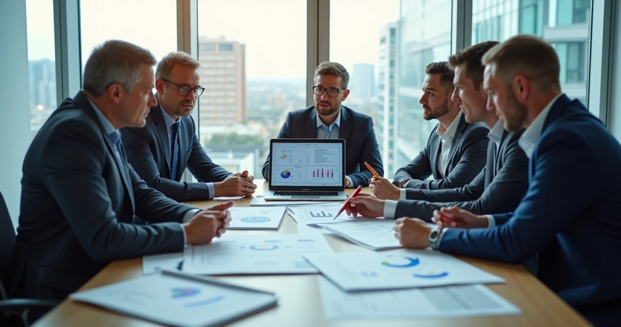 Engenheiros e clientes revisando laudo técnico em reunião, documentos e laptop à mesa 