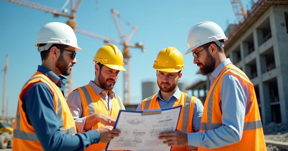 Engenheiros analisando documento técnico em obra pública com capacetes e equipamentos de segurança 