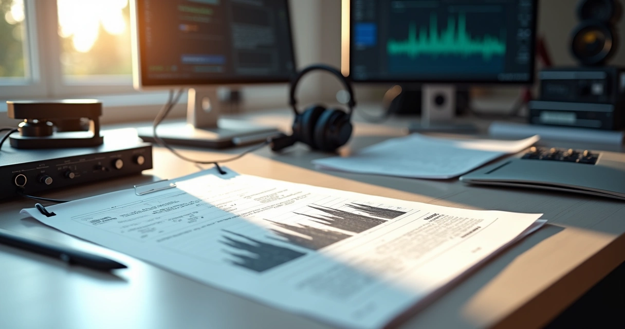 Mesa com laudo técnico, computadores e equipamentos de áudio 