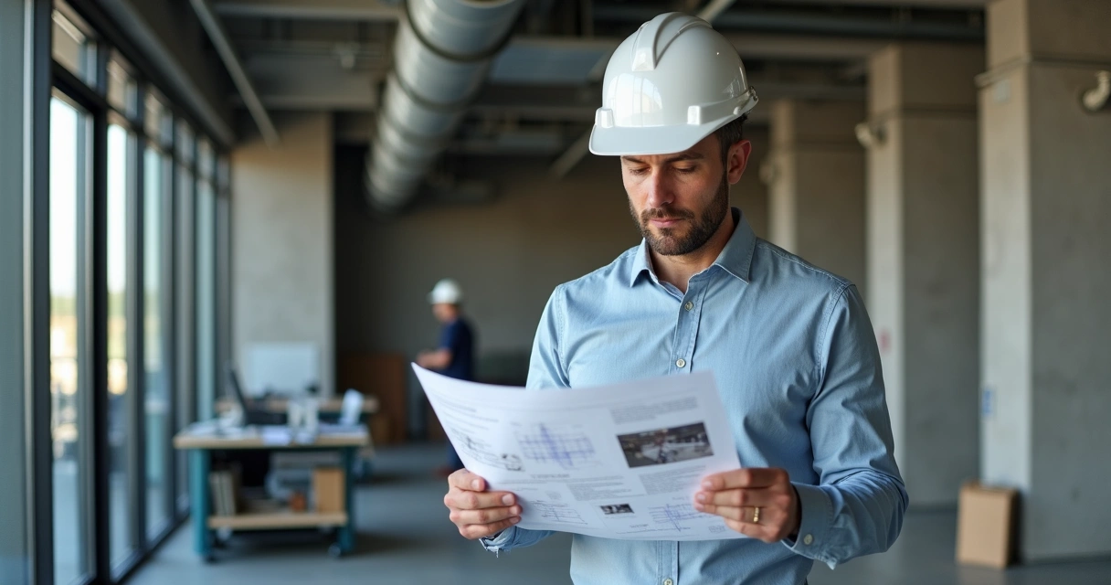 Engenheiro analisando laudo técnico em prédio comercial 
