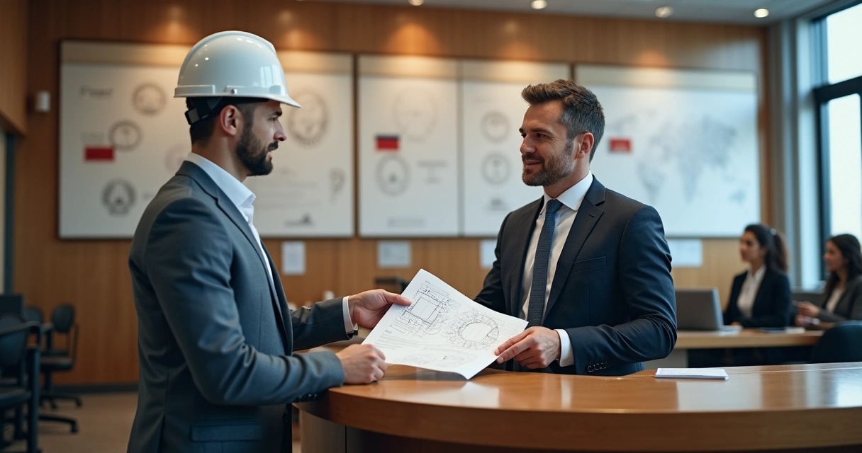 Sala de prefeitura com engenheiro protocolando laudo 