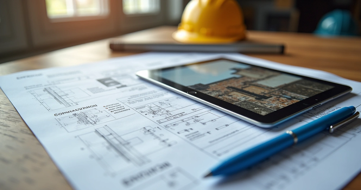 Laudo técnico de engenharia com fotos de trincas em parede sobre mesa 