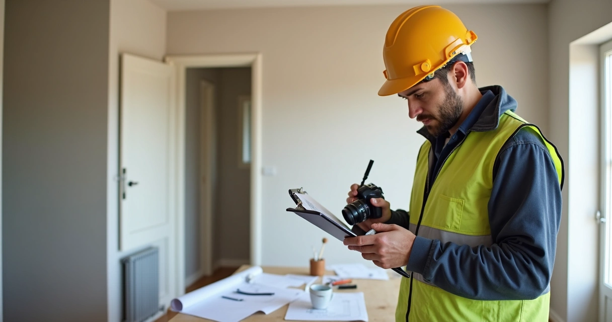 Perito engenheiro realizando vistoria técnica em imóvel residencial com prancheta e fotos 