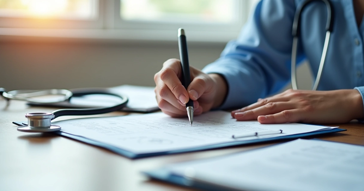 Médico assinando laudo detalhado sobre mesa de madeira 