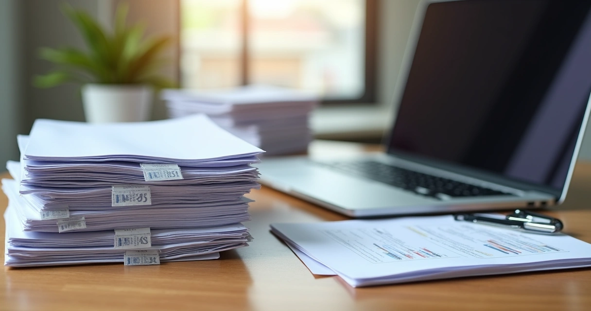 Pilhas organizadas de laudos médicos e papéis de processos ao lado de um computador. 