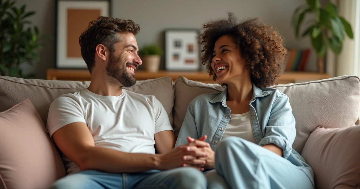 Two people from a same-sex couple laughing together sitting on a couch 