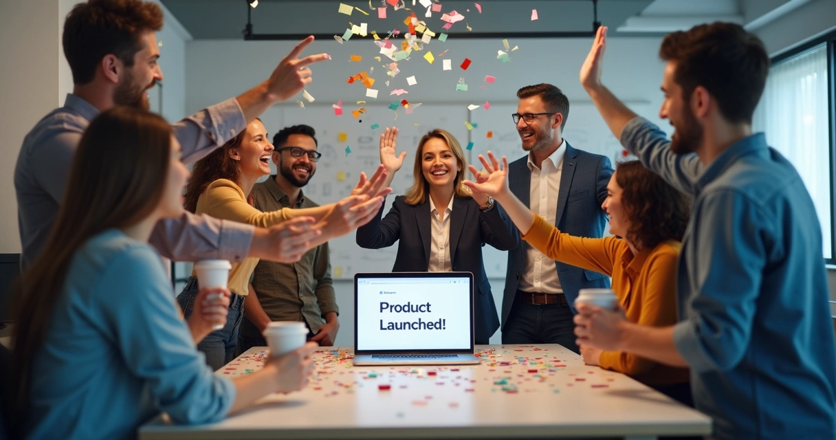 Startup team celebrating software launch 