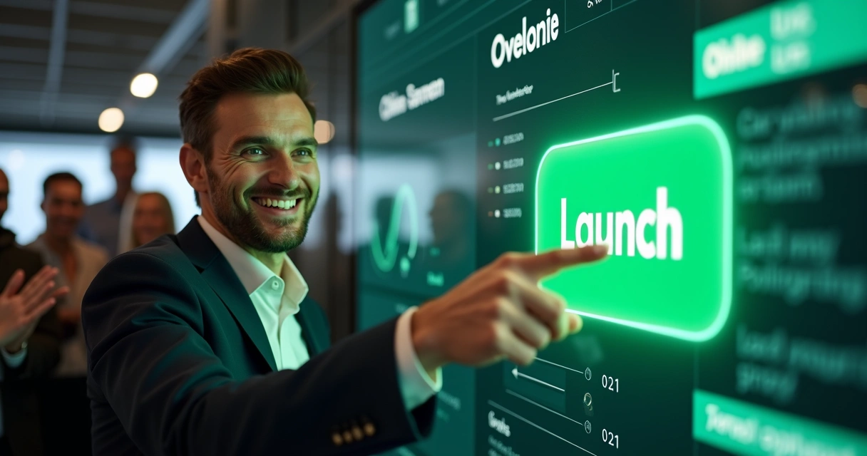 CEO pressing button to launch web app 