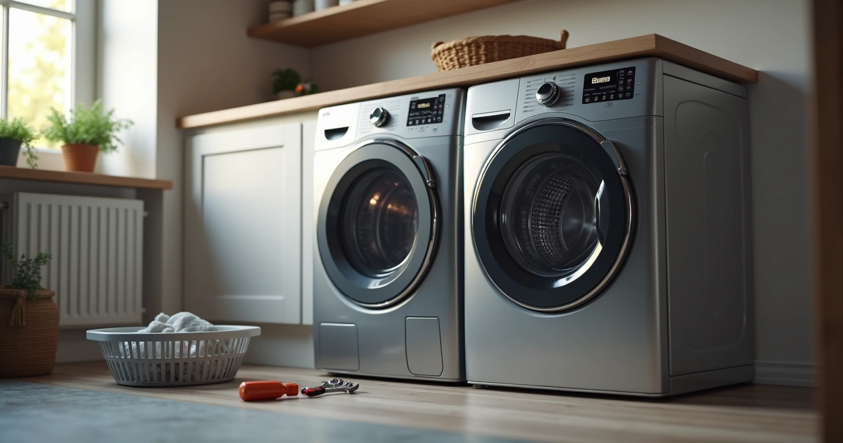 Lava e seca com painel aceso e ferramentas próximas 