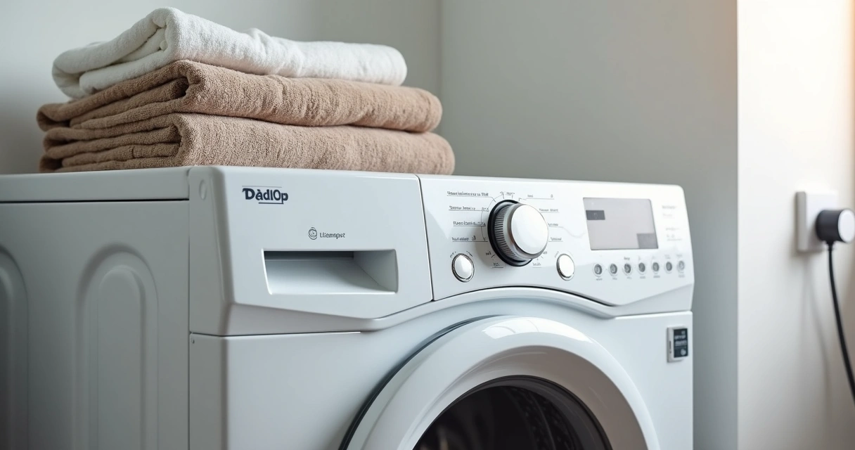 Lava e seca desligada com luzes apagadas e tomada ao fundo 