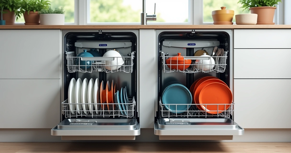Vários tipos de lava-louça em uma cozinha, mostrando diferentes tamanhos e painéis de ciclo 
