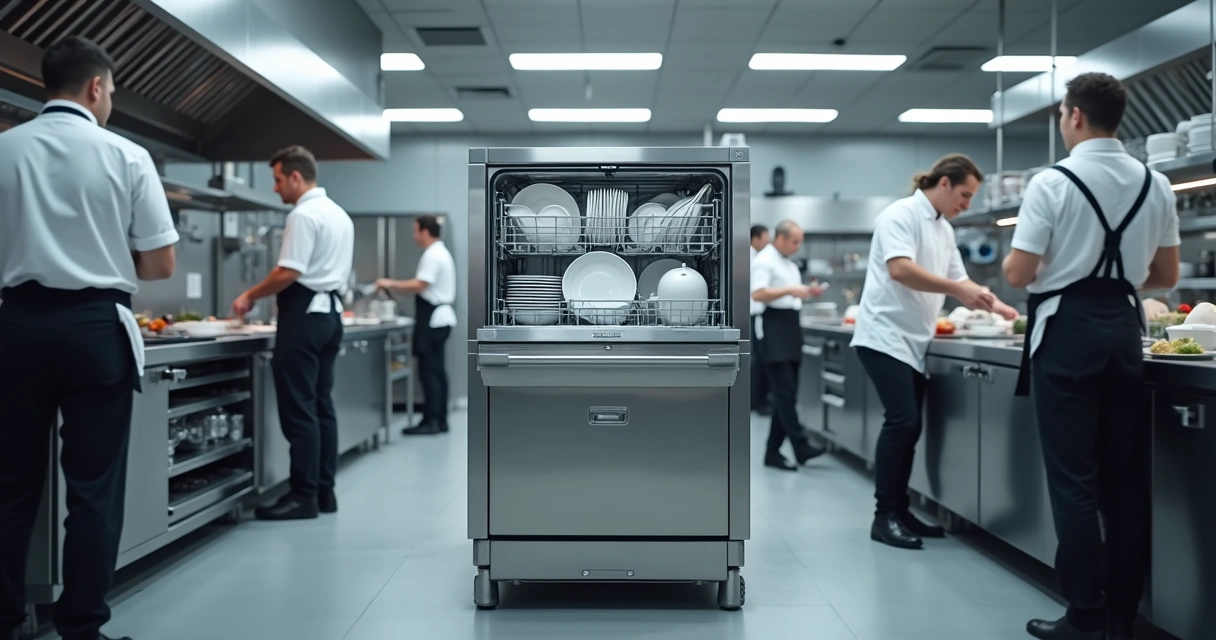 Lava-louças industrial instalada em cozinha profissional 