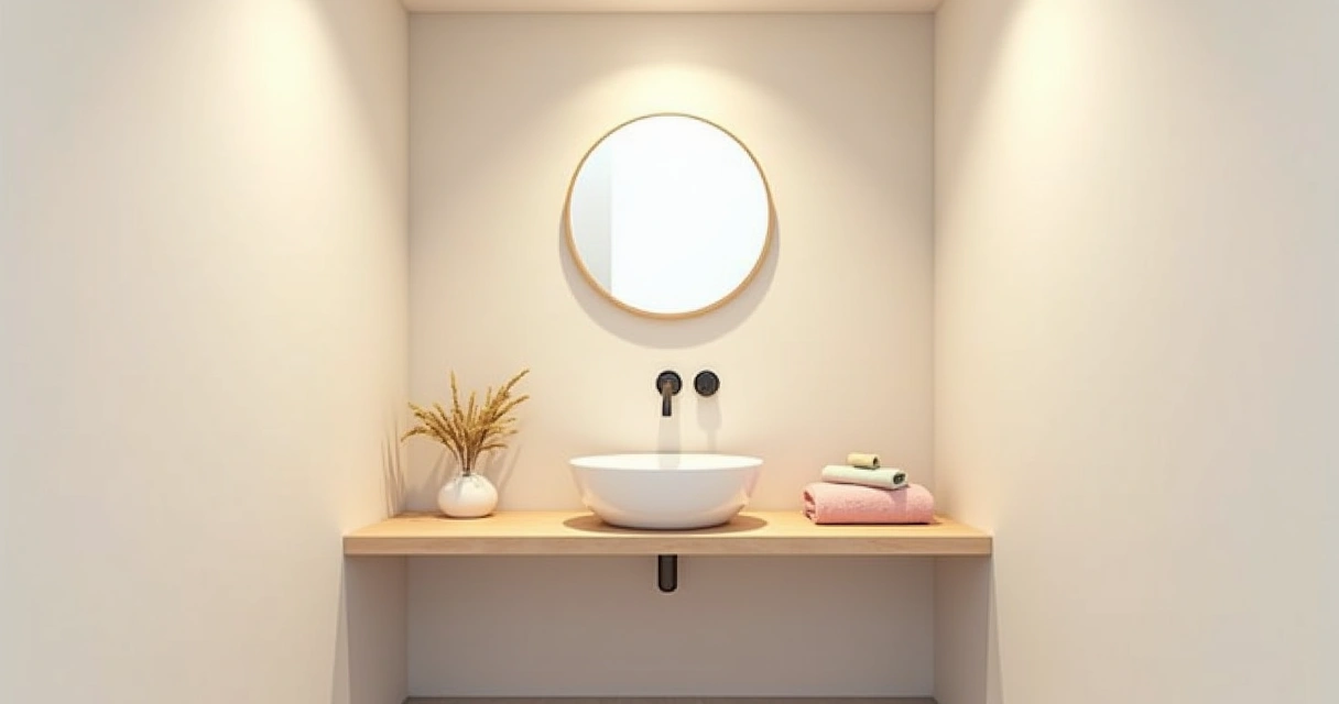 Lavabo pequeno decorado com tons claros e detalhes suaves 