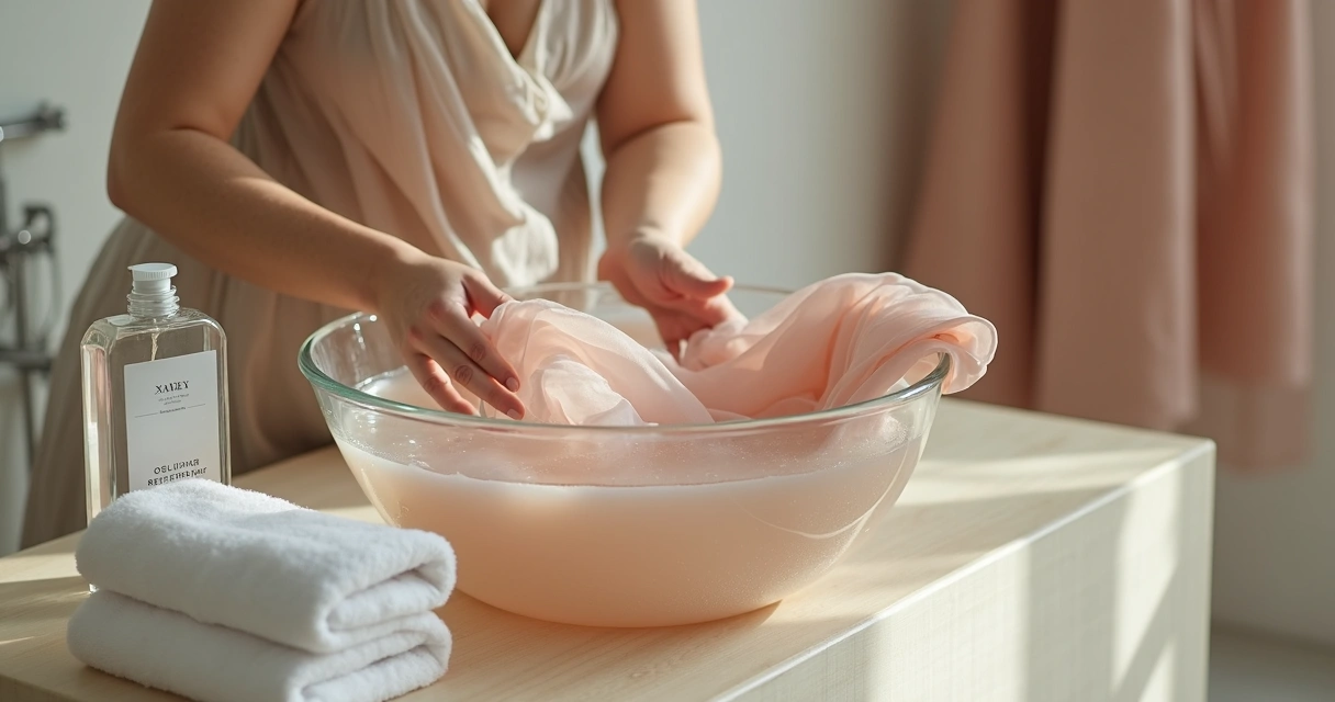 Vestido de festa delicado sendo lavado à mão em bacia com água fria e sabão neutro 