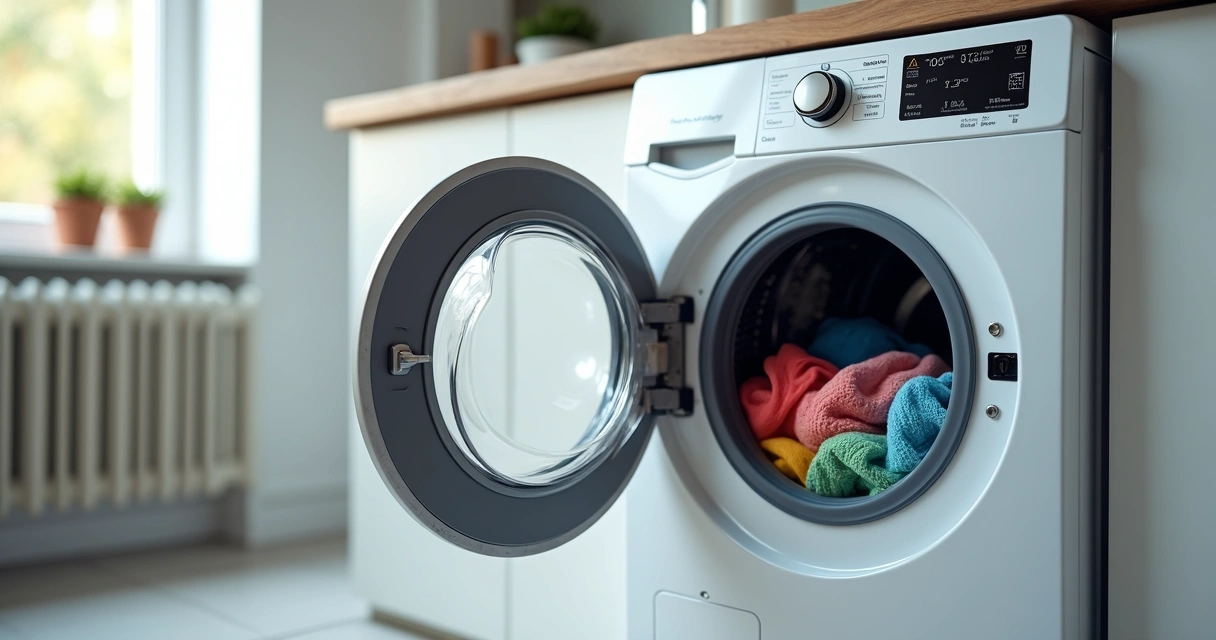 Lavadora de roupas aberta mostrando roupas, painel digital e funções de ciclo 