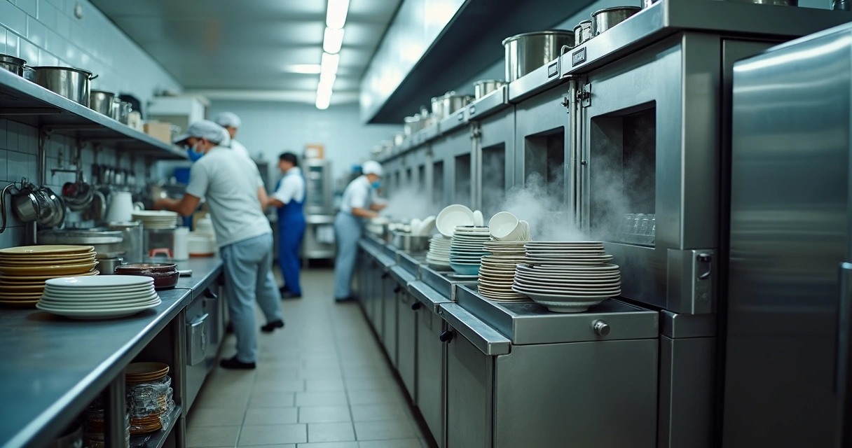 Lavadora de louças industrial em ambiente de restaurante 