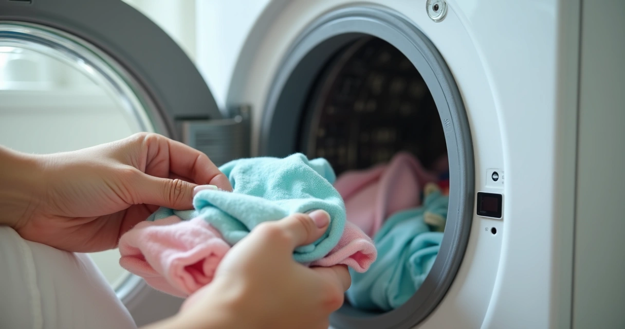 Mão colocando roupas de bebê na lavadora moderna 