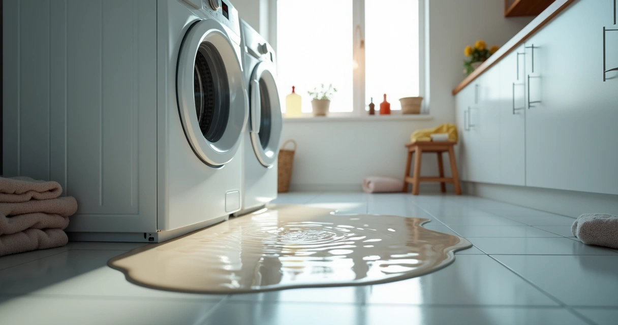 Água vazando de lavadora e espalhada no chão 