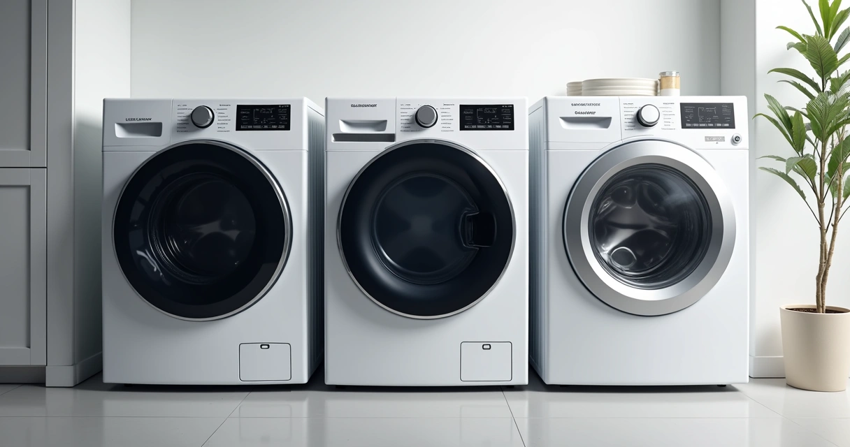 Três lavadoras modernas lado a lado em um ambiente claro 