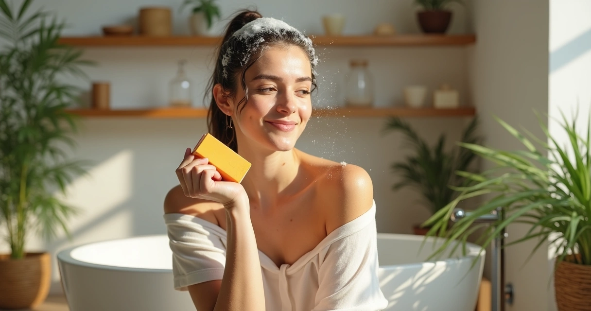 Pessoa lavando o cabelo com shampoo sólido em um banheiro com decoração ecológica 
