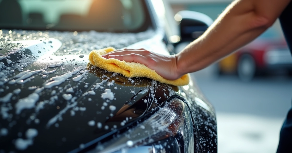 Carro preto sendo lavado manualmente com espuma e luva de microfibra 