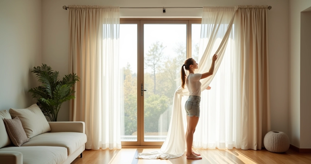 Pessoa removendo cortina branca de sala para lavar 