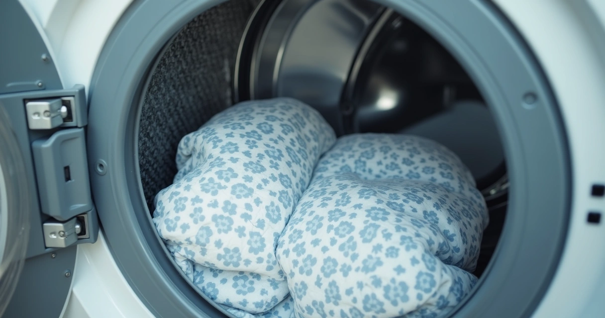 Edredom dentro de máquina de lavar com sobra de espaço 