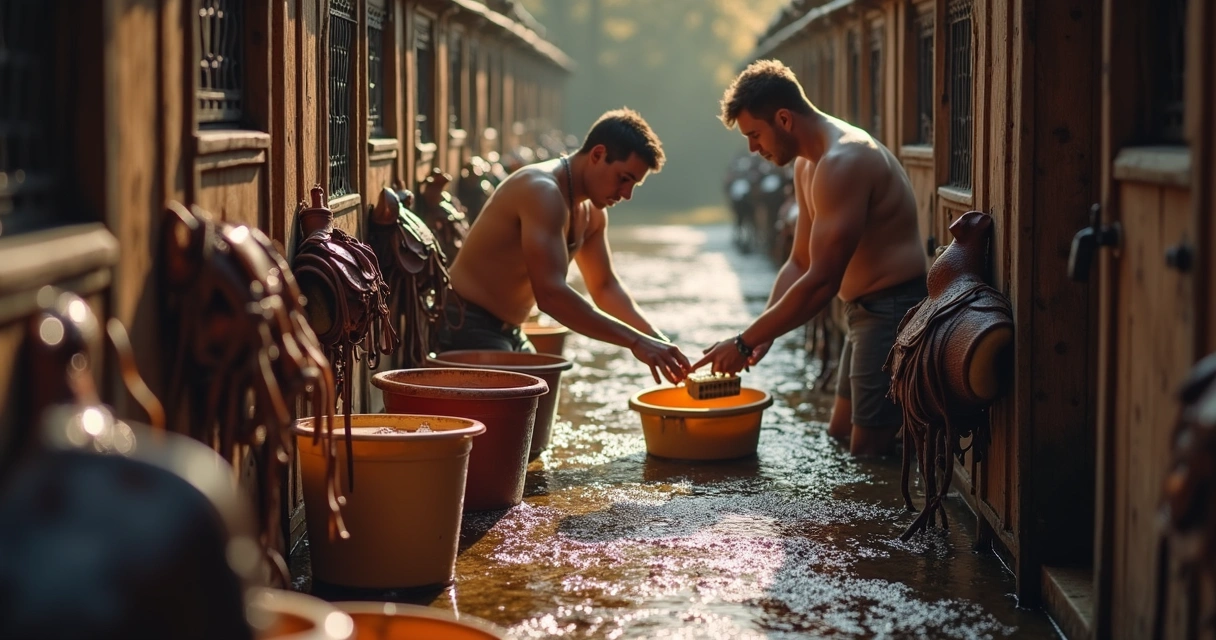 Equipamentos de haras sendo lavados à mão 