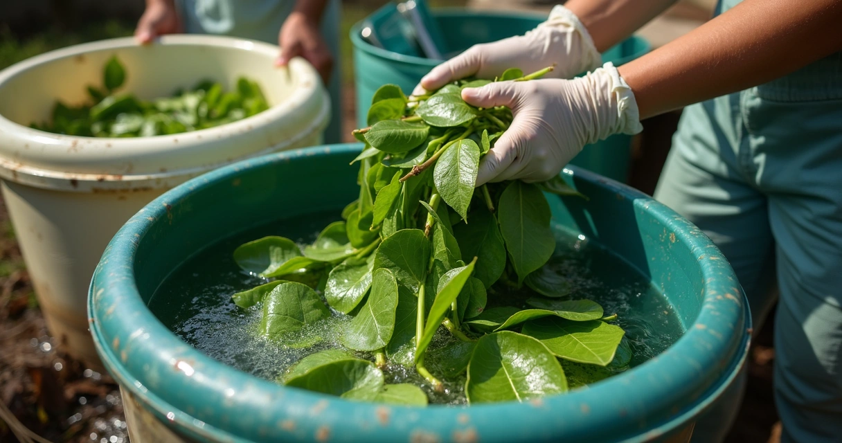 Lavagem suave de folhas de moringa recém-colhidas em balde com água limpa 