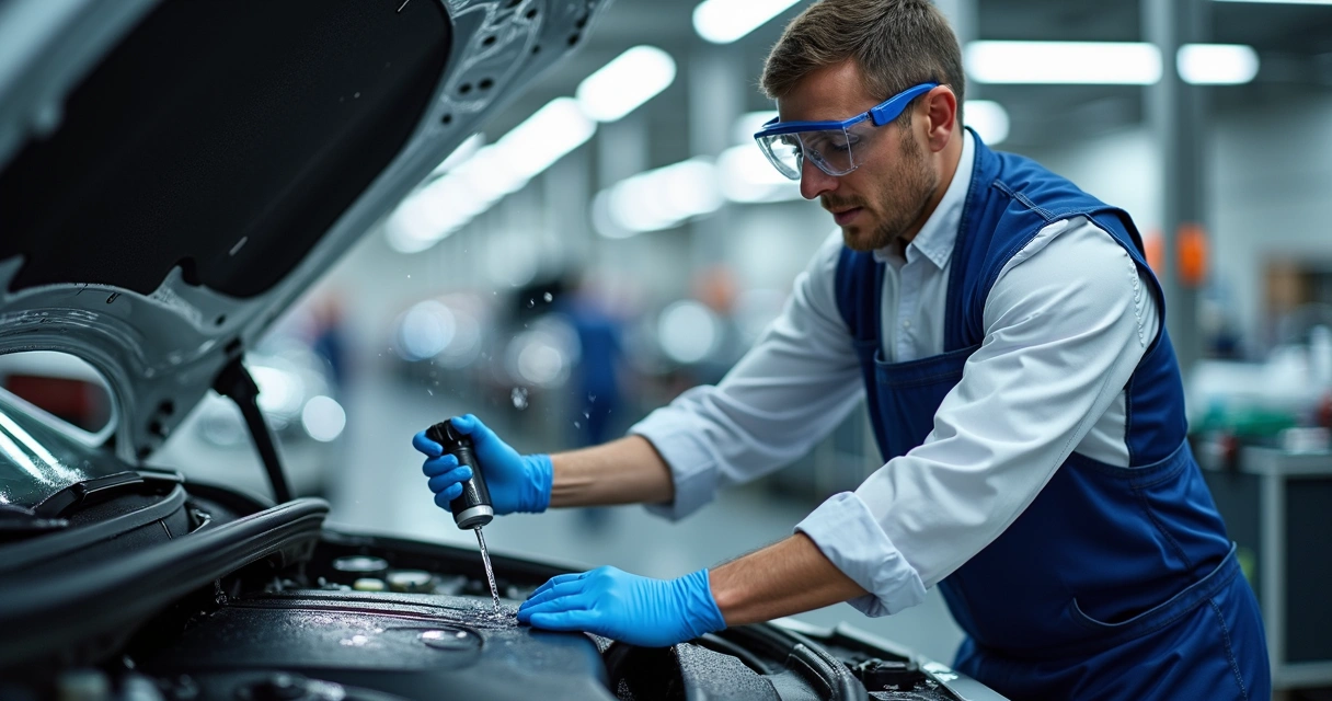 Profissional especializado lavando motor de carro com EPIs e proteção