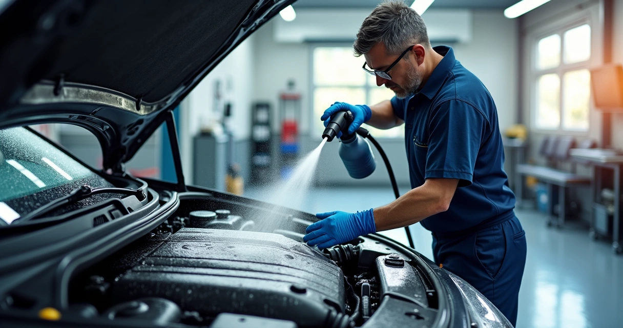 Motorista profissional realizando lavagem de motor com equipamentos de proteção e produtos específicos 