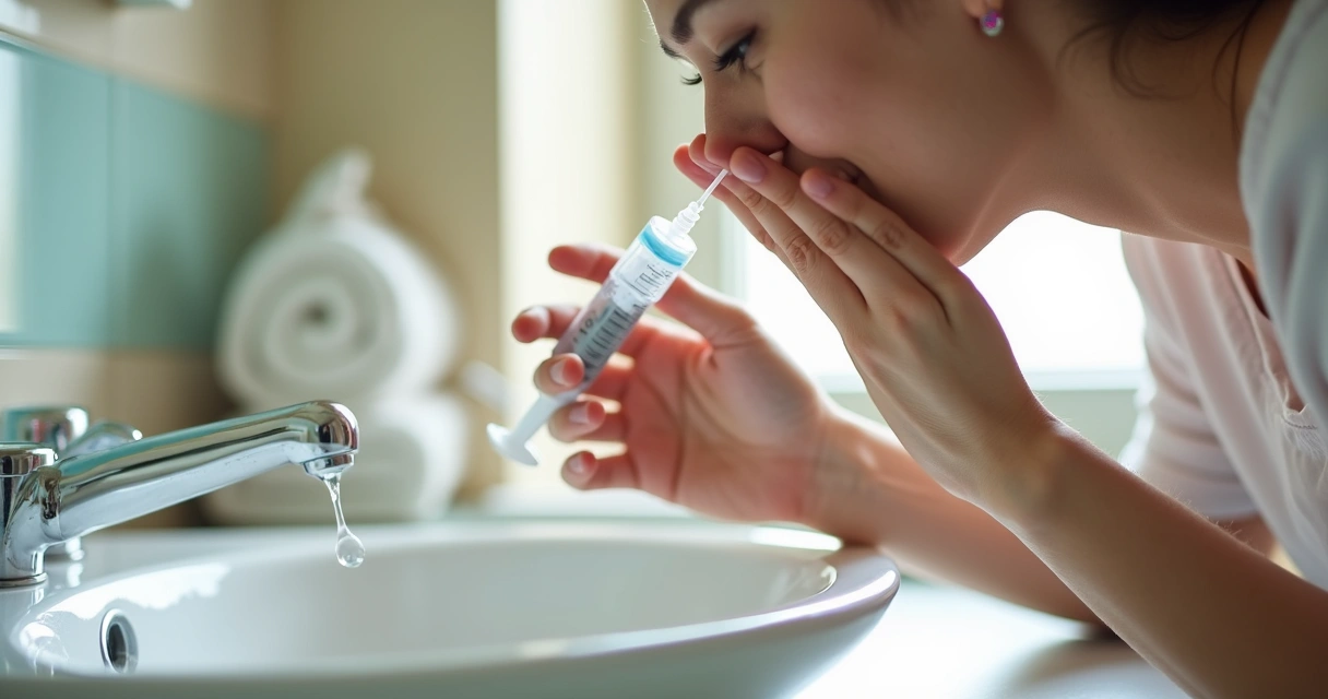 Pessoa adulta inclinada sobre a pia realizando lavagem nasal com seringa 