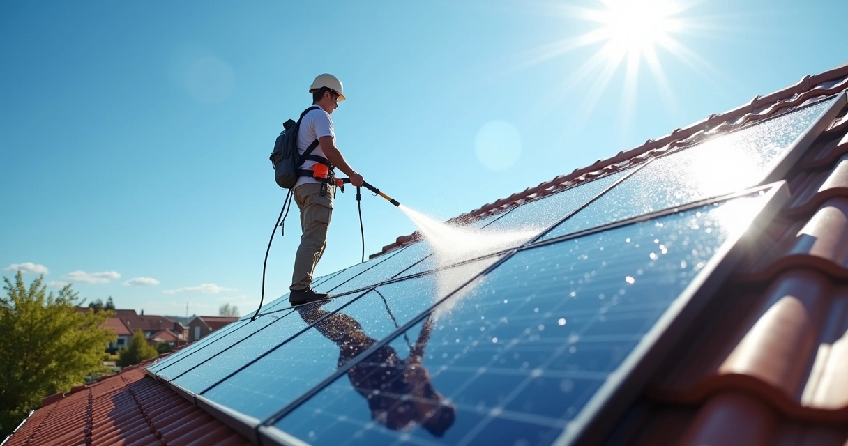 Pessoa limpando placas solares em telhado residencial com mangueira e escova suave 